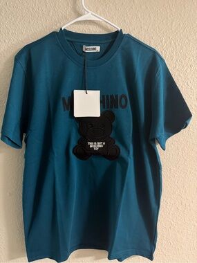 Moschino Teal Blue Teddy Logo Short Sleeve Tee